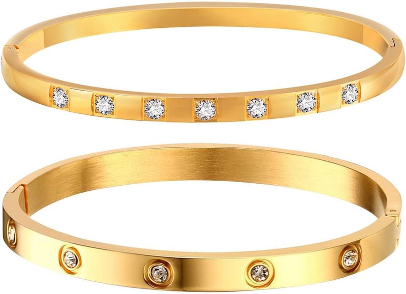 MPRAINBOW Gold Bracelets for Women, 2Pcs 18K Gold Plated Cubic Zirconia Bangle Crystal Friendship Bracelet Jewelry,Wedding Party Christmas Birthday Gifts for Her Girlfriend Sister Daughter - Image 1